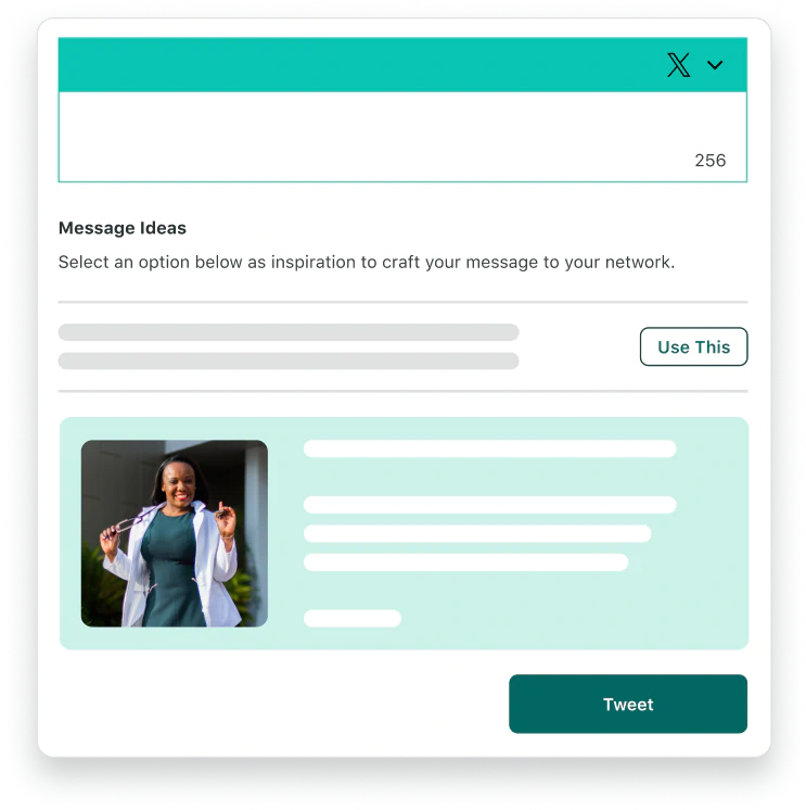 Exemple de sélection d'une idée de message à utiliser sur X (anciennement Twitter), dans Employee Advocacy par Sprout Social.​​ 