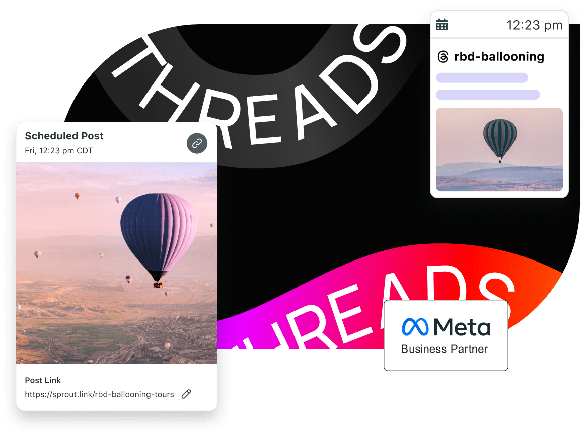 Threads - Parceiro de negócios da Meta, com colagem do agendamento do Threads no Sprout Social.​​ 